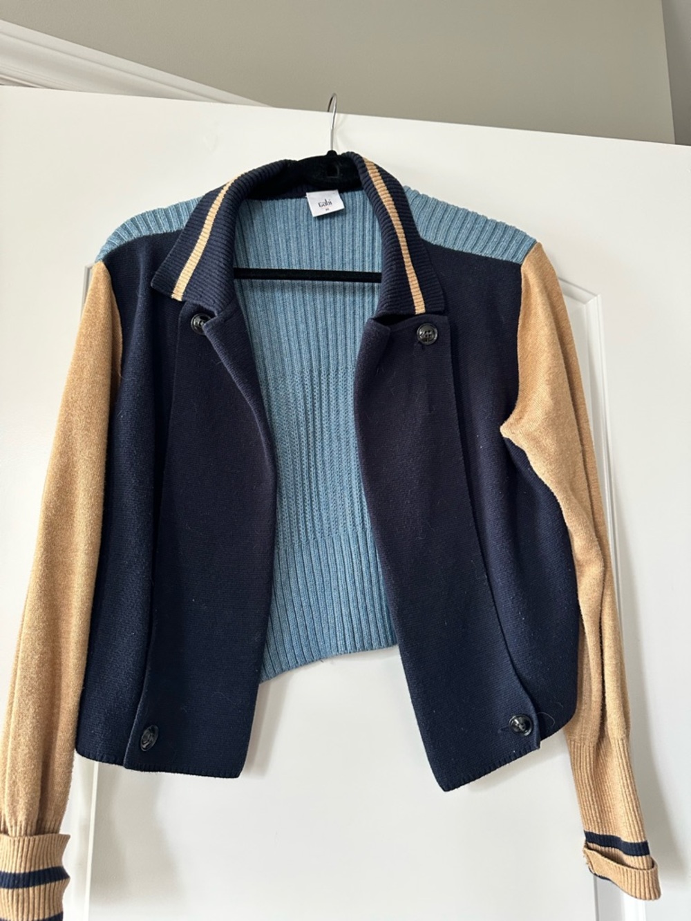 CAbi Navy, Sky Blue & Camel Cropped Button Cardigan